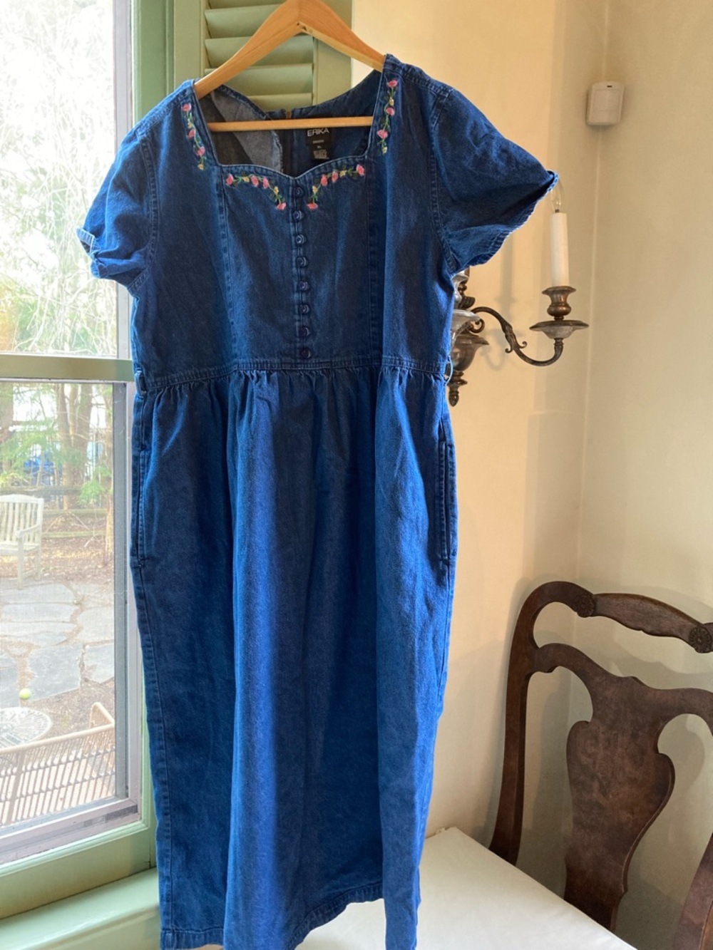Vintage Erika Denim Maxi Dress XL Floral Embroidered Cottagecore 90s Boho y2k